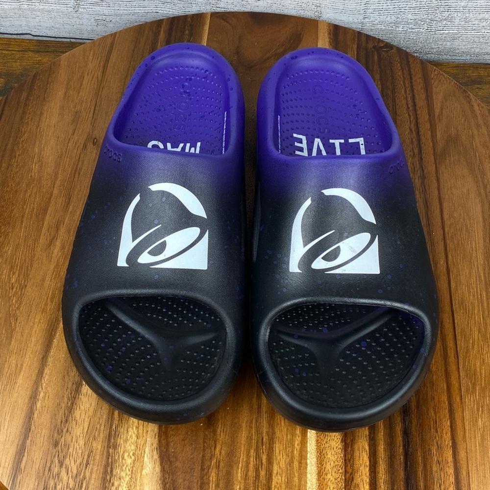 Crocs x Taco Bell Live Más Mellow Slide Black Purple Mens Size 8 Women’s Size 10